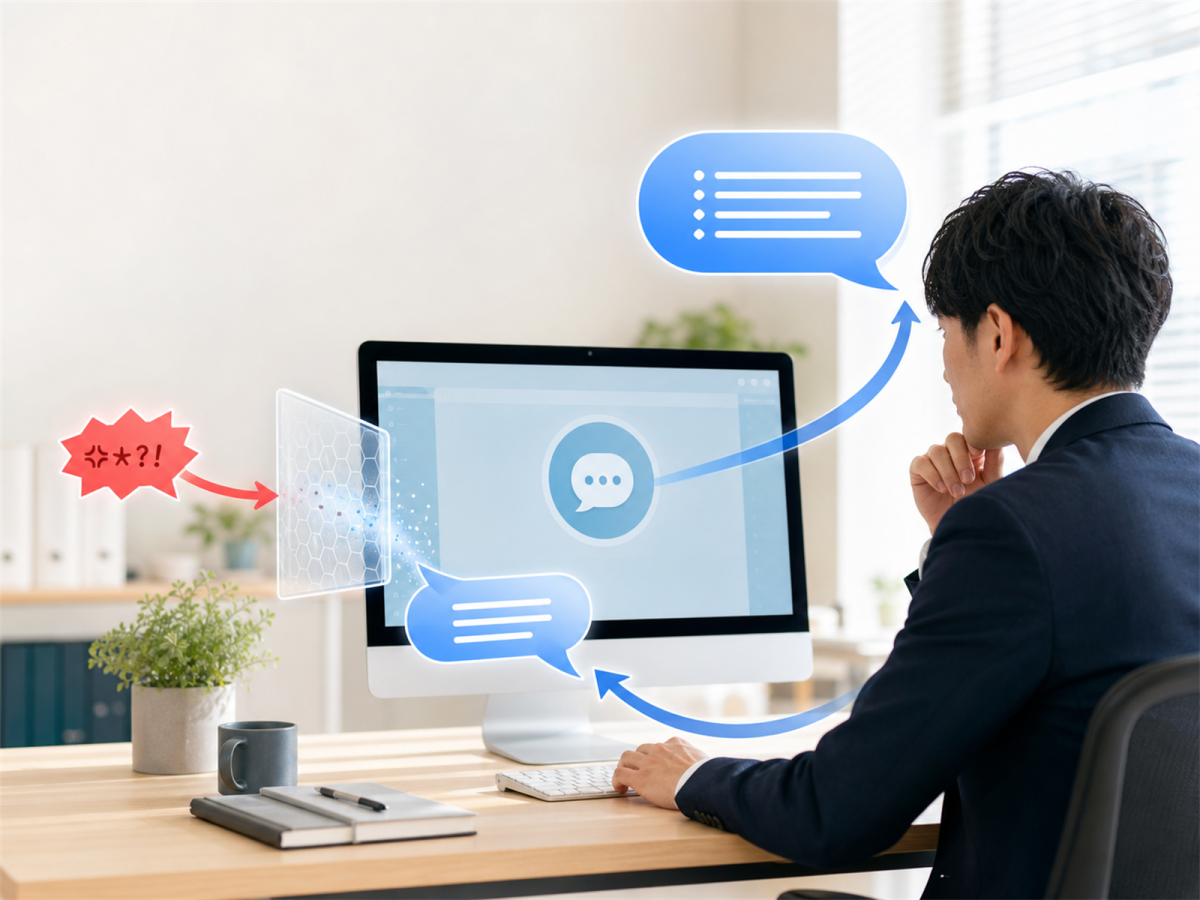 AIへの暴言を安全に受け止め、冷静な応答を人へ返す対話のイメージ
